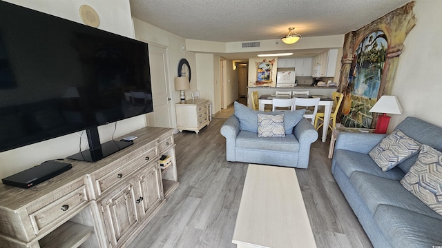 living room featuring light hardwood / wood-style floors and a textured ceiling