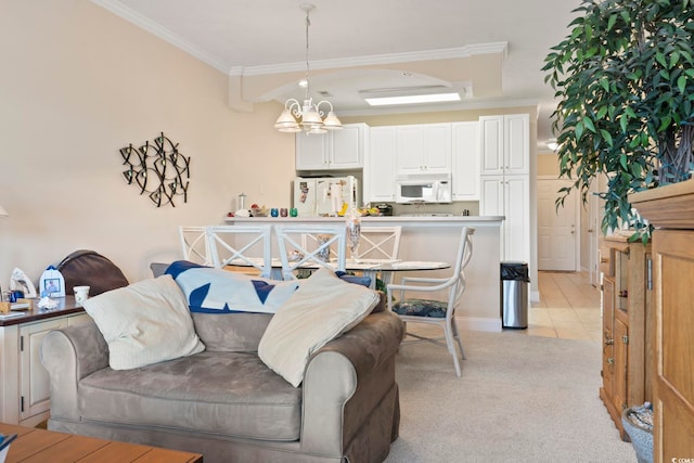 carpeted living room with a chandelier and ornamental molding