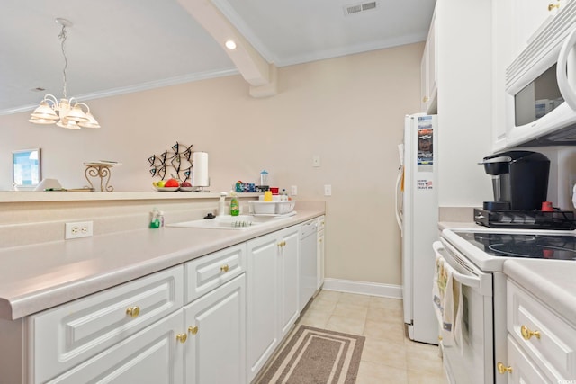 kitchen with white appliances, crown molding, decorative light fixtures, a notable chandelier, and white cabinetry