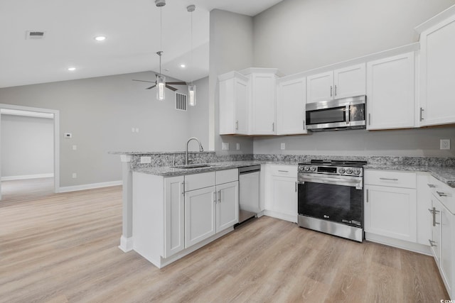 kitchen with sink, kitchen peninsula, white cabinets, and appliances with stainless steel finishes