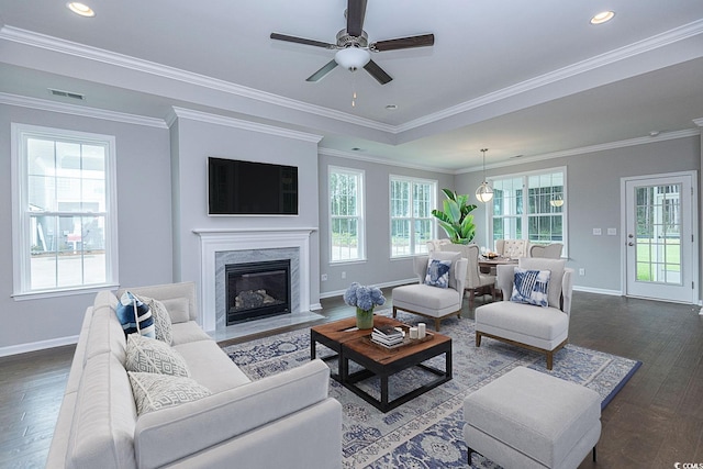 living room featuring ceiling fan, ornamental molding, a fireplace, and a wealth of natural light