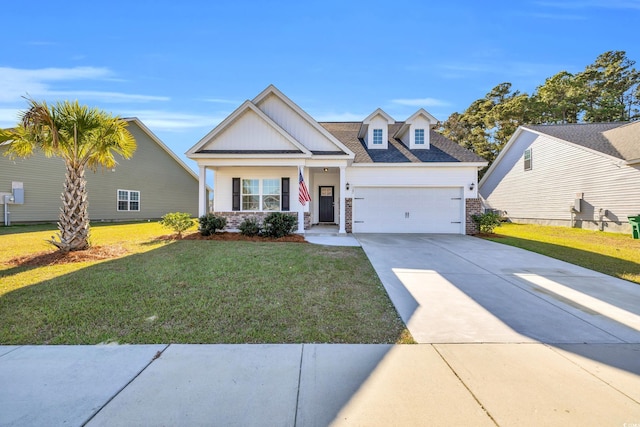 view of front of home with a garage, brick siding, a shingled roof, concrete driveway, and a front yard