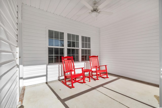 view of patio with a porch and a ceiling fan