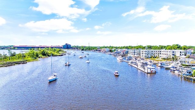 drone / aerial view featuring a water view