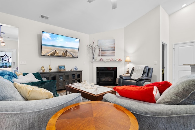 living room featuring ceiling fan