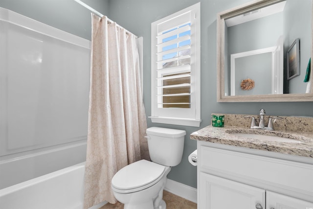 full bathroom with vanity, toilet, and shower / bath combo with shower curtain