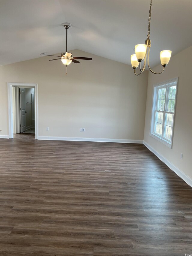 TBD14 Mineral Springs Rd, Conway, SC 29527 - spare room featuring ceiling fan with notable chandelier, dark wood-type flooring, and vaulted ceiling