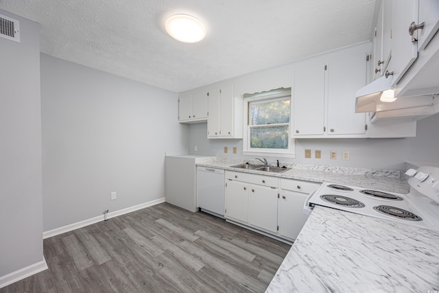 kitchen featuring white cabinets, white dishwasher, range with electric stovetop, and sink