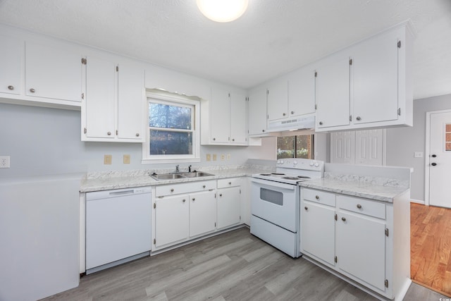 kitchen with sink, light hardwood / wood-style flooring, a textured ceiling, white appliances, and white cabinets