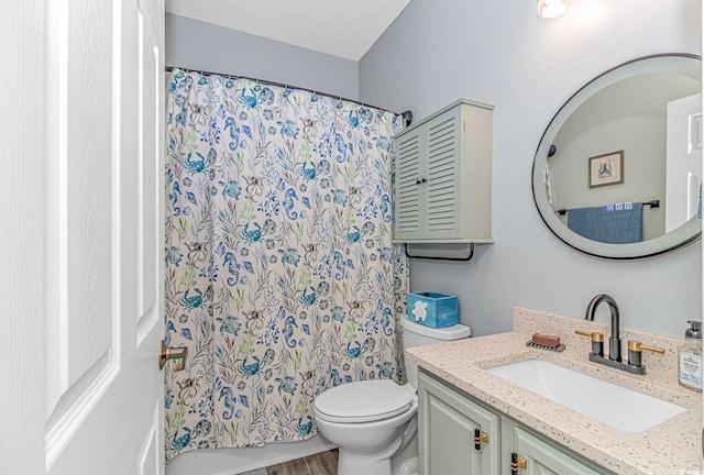 bathroom with toilet, a shower with shower curtain, wood-type flooring, and vanity