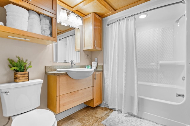 full bathroom with vanity, shower / bathtub combination with curtain, tile patterned floors, and toilet