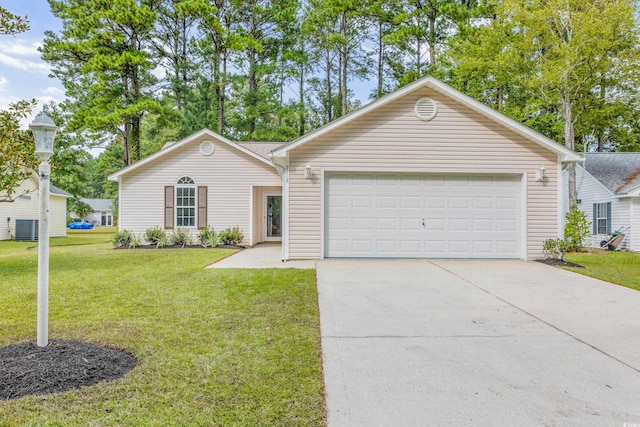 ranch-style home with a garage, central AC unit, and a front yard