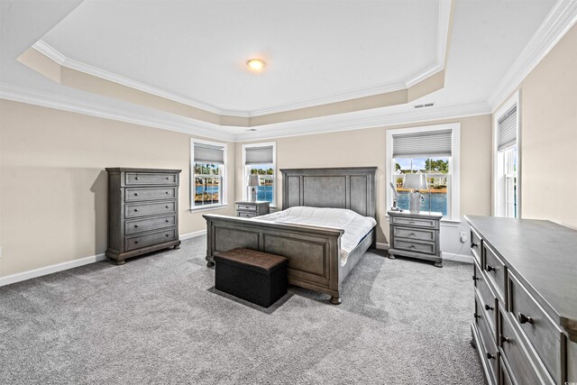 bedroom featuring carpet floors, a tray ceiling, and ornamental molding