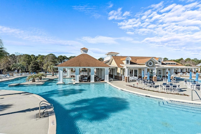 view of pool featuring a gazebo and a patio area