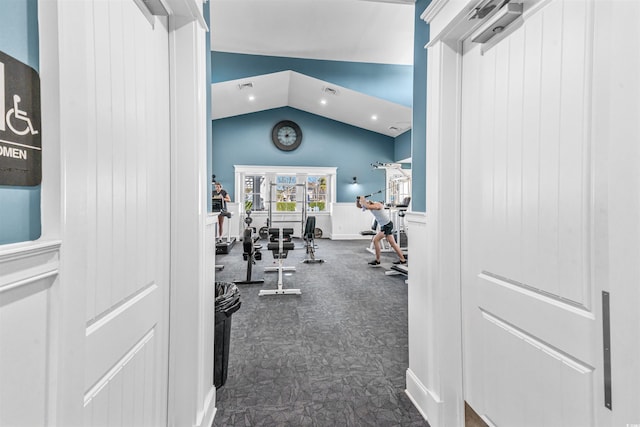 gym with lofted ceiling