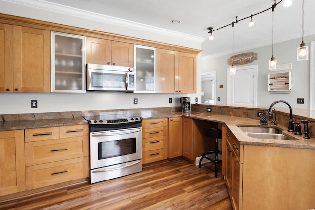 kitchen featuring sink, hanging light fixtures, stainless steel appliances, dark hardwood / wood-style flooring, and ornamental molding