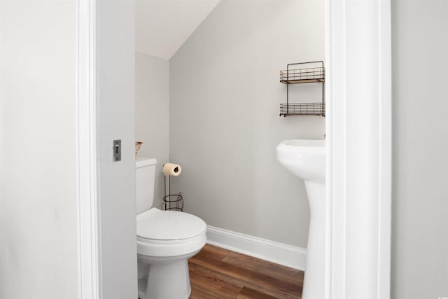 bathroom with hardwood / wood-style flooring and toilet