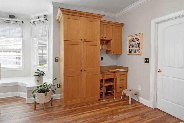 interior space with light wood-type flooring and crown molding