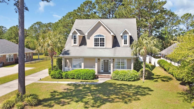 cape cod house featuring a porch and a front lawn