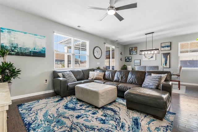 living room with dark hardwood / wood-style floors and ceiling fan with notable chandelier