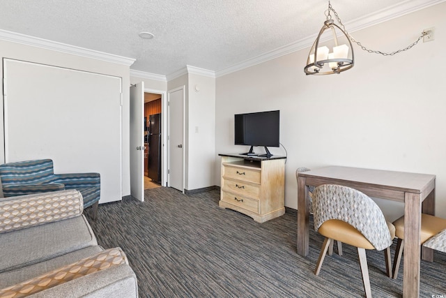 interior space with a textured ceiling and ornamental molding