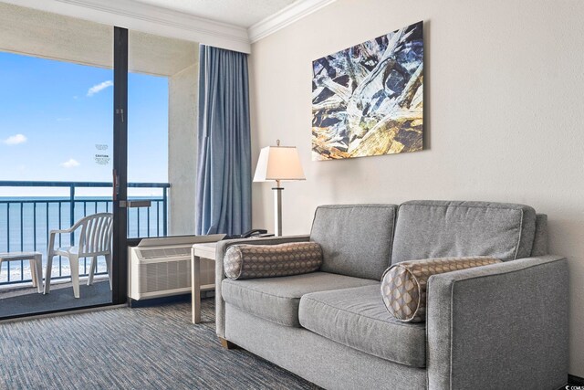 living room with carpet, a water view, ornamental molding, and a wall mounted AC