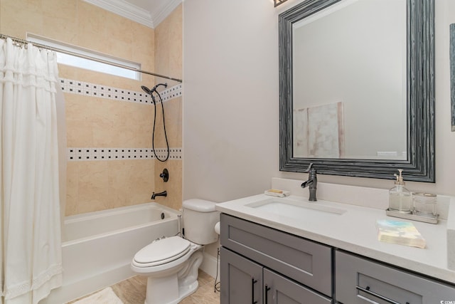 full bathroom featuring vanity, toilet, shower / bathtub combination with curtain, and crown molding