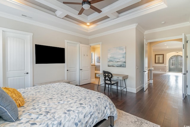 bedroom featuring coffered ceiling, ceiling fan, dark hardwood / wood-style floors, ornamental molding, and beamed ceiling