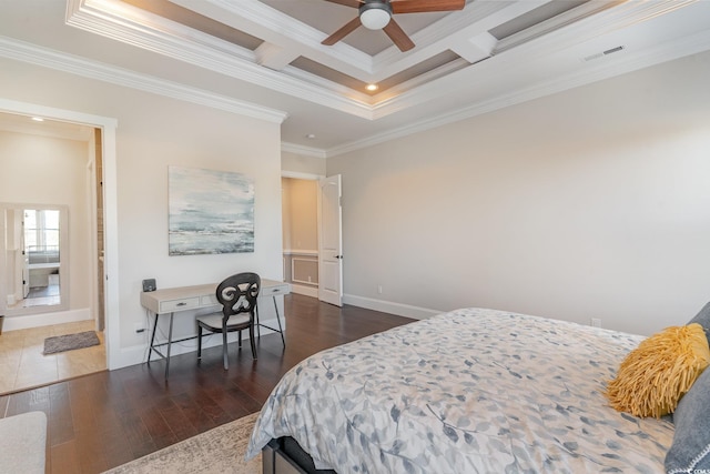 bedroom featuring coffered ceiling, ceiling fan, ornamental molding, beam ceiling, and dark hardwood / wood-style flooring