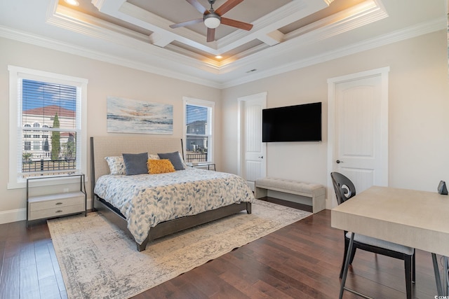 bedroom featuring hardwood / wood-style floors, ceiling fan, ornamental molding, and coffered ceiling