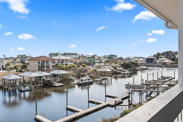 dock area with a water view