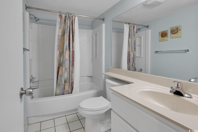 full bathroom with tile patterned flooring, shower / bath combination with curtain, vanity, and toilet