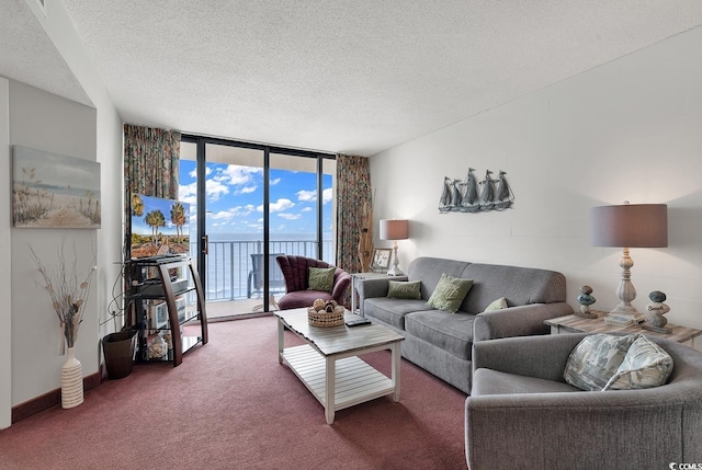 living room with carpet flooring, floor to ceiling windows, and a textured ceiling