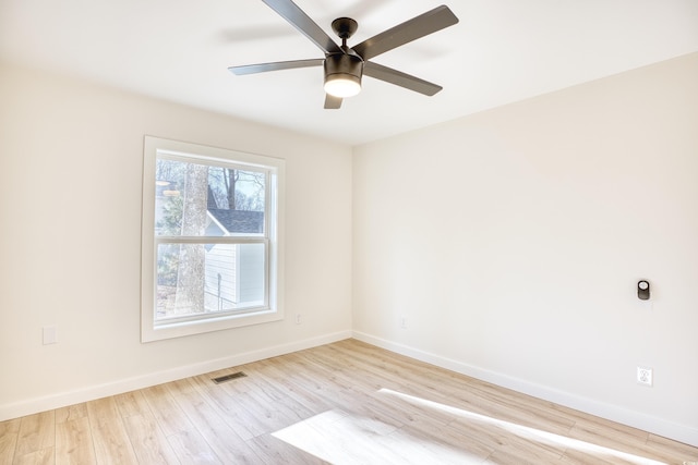 empty room with light wood-type flooring, baseboards, visible vents, and ceiling fan