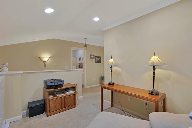 office with light colored carpet and ornamental molding