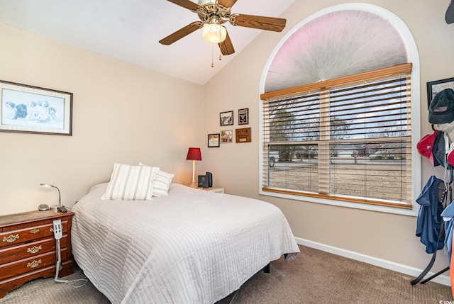 bedroom featuring carpet flooring, ceiling fan, and lofted ceiling