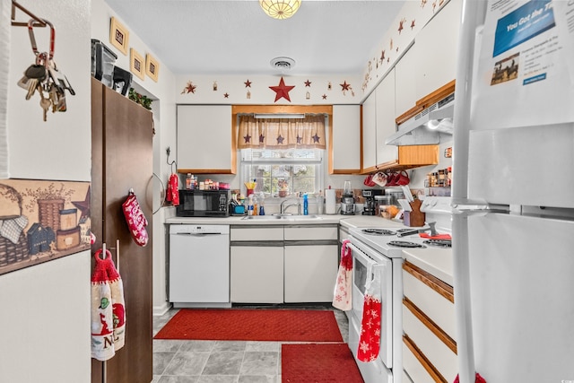 kitchen with white cabinetry, white appliances, sink, and extractor fan