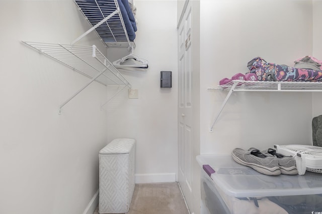 spacious closet featuring light carpet