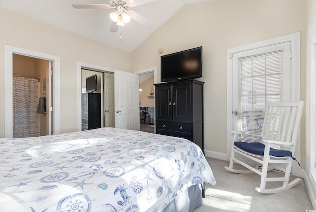 bedroom with carpet, ceiling fan, and lofted ceiling