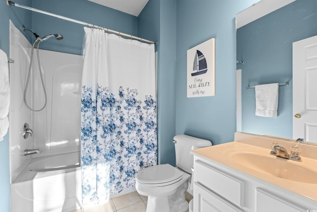 full bathroom with toilet, shower / bath combination with curtain, vanity, and tile patterned floors