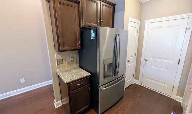 135 Parmelee Dr Unit D, Murrells Inlet, SC 29576 - kitchen featuring stainless steel fridge, dark wood finished floors, backsplash, and dark brown cabinetry