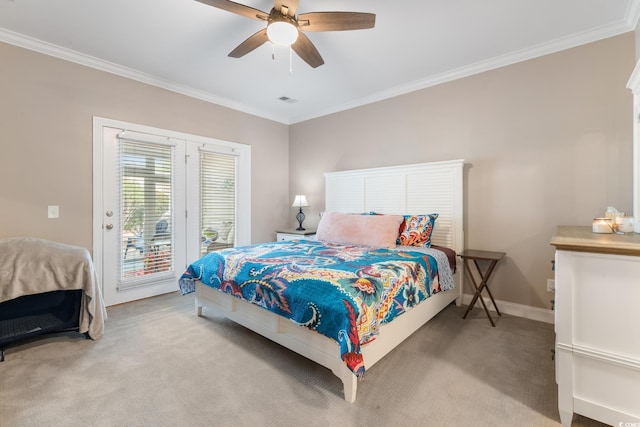 carpeted bedroom with ceiling fan, ornamental molding, and access to outside