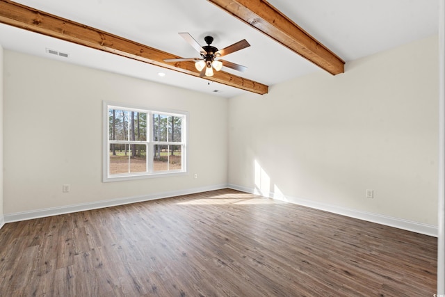 unfurnished room featuring ceiling fan, beamed ceiling, and dark wood-type flooring