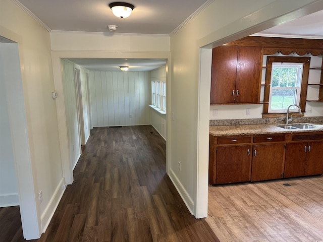 hallway with dark hardwood / wood-style flooring, crown molding, and sink