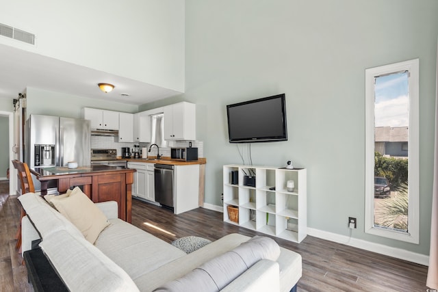 living room featuring a towering ceiling, dark hardwood / wood-style floors, a barn door, and sink