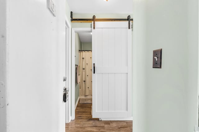 hallway with a barn door and wood-type flooring