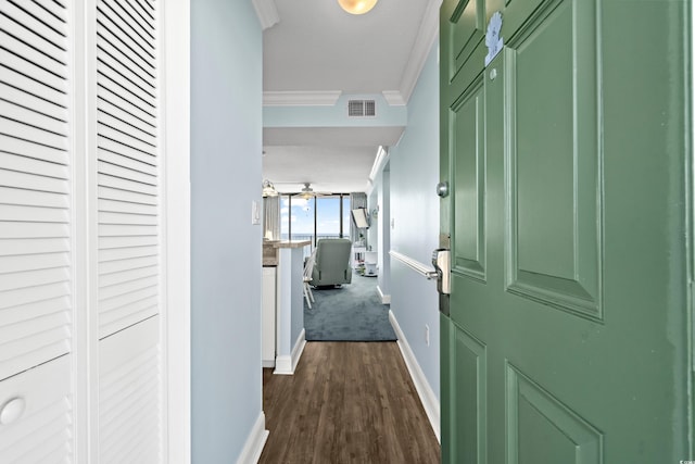 hallway featuring dark wood-type flooring and crown molding