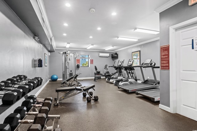 gym with crown molding and a wall mounted AC