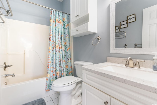 full bathroom with tile patterned flooring, vanity, toilet, and shower / bathtub combination with curtain