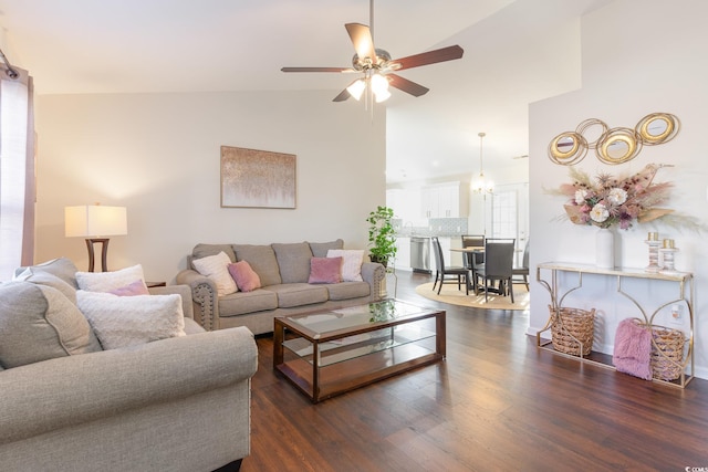 1049 Augustus Dr, Conway, SC 29527 - living area featuring dark wood-type flooring, a ceiling fan, and high vaulted ceiling